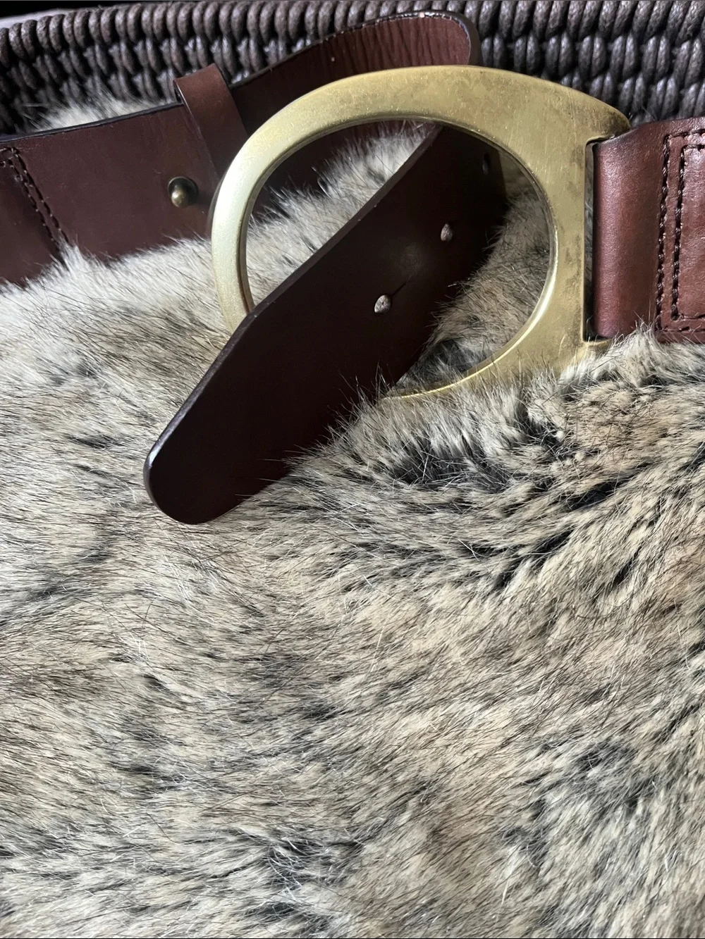 Oscar de la Renta Brown Woven Leather Belt with Brass Oval Buckle EUC